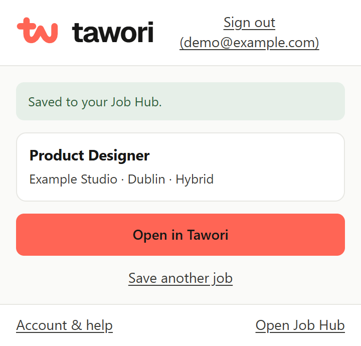 Tawori extension: Product Designer at Example Studio saved to your Job Hub, with an Open in Tawori button