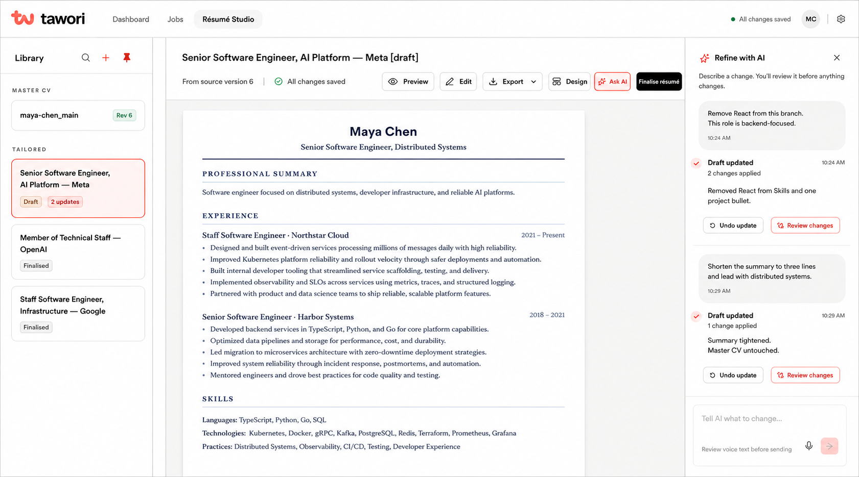 The Tawori Résumé Studio: a tailored draft branch open next to the Refine with AI panel, with changes applied as a reviewable diff while the master CV stays untouched